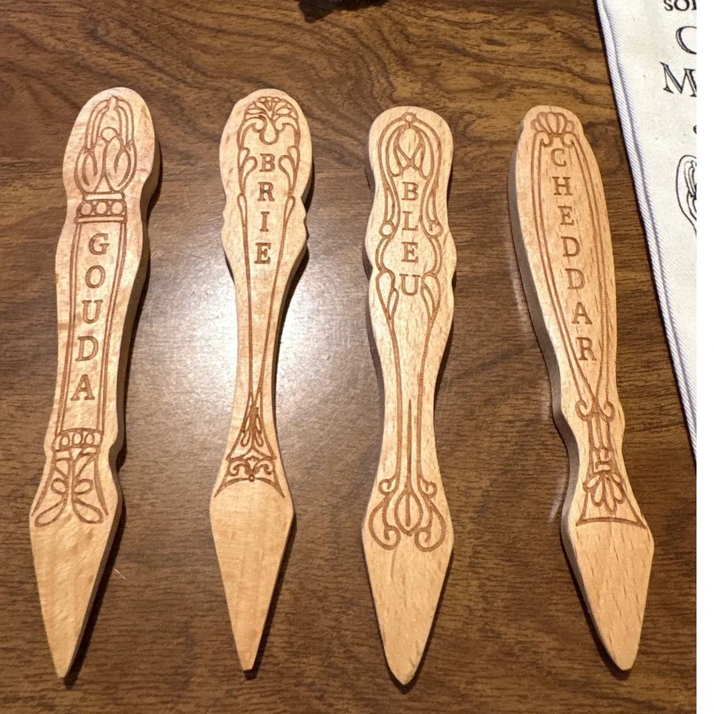 Solid Beechwood Cheese Markers Set of 4 with Storage Bag Gouda Brie Bleu Cheddar